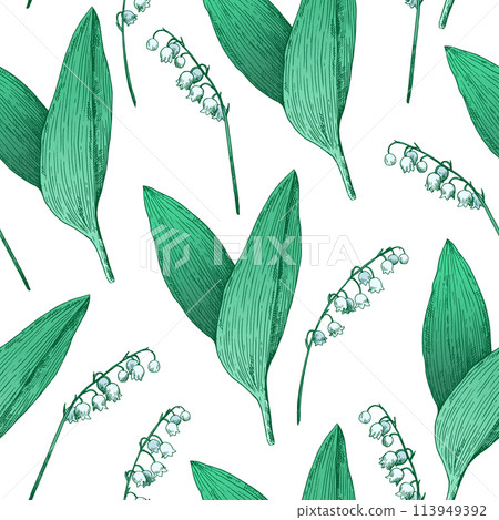 Seamless pattern with lilly of the valley flowers. Vector illustration in retro etching style. 113949392