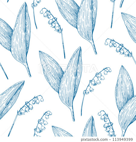 Monochrome seamless pattern with lilly of the valley flowers. Vector illustration in retro etching style. Monochrome seamless pattern with lilly of the valley flowers. Vector illustration in retro etching style. 113949399