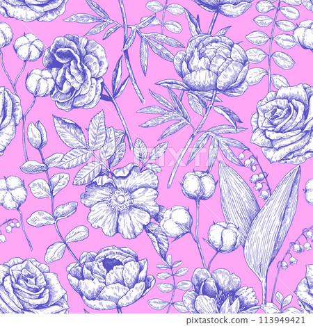 Seamless pattern with peony and eucalyptus in victorian engraving style. Vector illustration. Seamless pattern with peony and eucalyptus in victorian engraving style. Vector illustration. 113949421