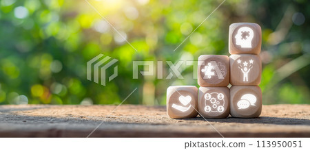 Soft skills concept, Wooden block on desk with personality, problem, confidence, empathy, collaboration and communication icon on virtual screen. Soft skills concept, Wooden block on desk with personality, problem, confidence, empathy, collaboration and communication icon on virtual screen. 113950051