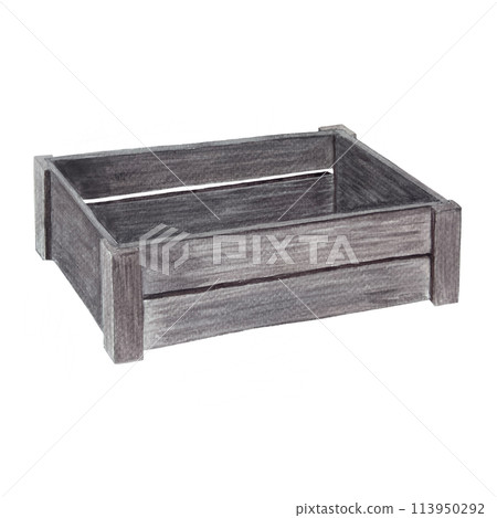 Wooden crate isolated on white. Hand painted in watercolor. Rustic high quality illustration with wood texture in simple stile for vintage design, flower and vegetable shops, organic food labels, logo 113950292