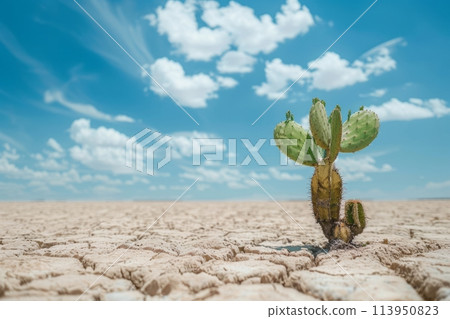 Lone Cactus in Expansive Desert Landscape 113950823