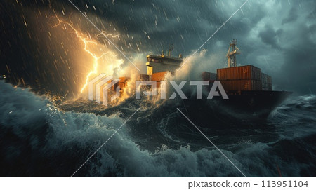 A ship valiantly navigates through turbulent waters as thunderbolts illuminate the stormy sky. 113951104