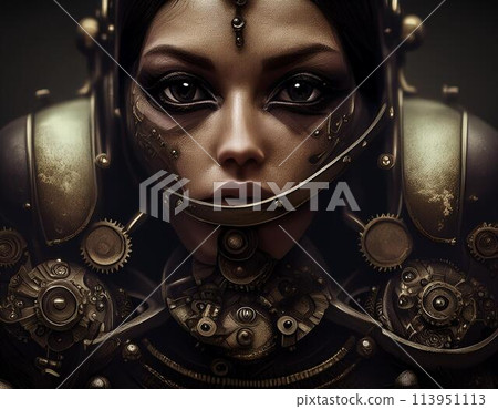 具有頭盔狀圖案的女性機械人形生物。 具有頭盔狀圖案的女性機械人形生物。 113951113