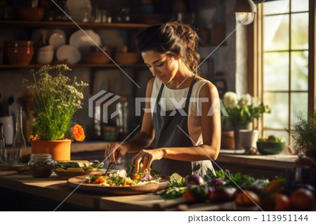 A woman skillfully slices and chops various vegetables on a wooden cutting board. 113951144