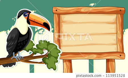 Toucan with Blank Wooden Signboard 113951528