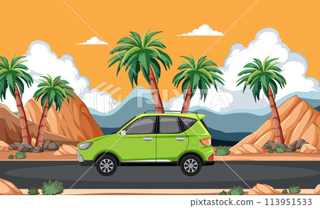 Green Car on Desert Road Adventure 113951533