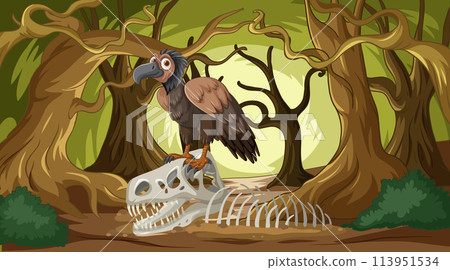 Vulture Perched on Animal Skeleton in Forest 113951534