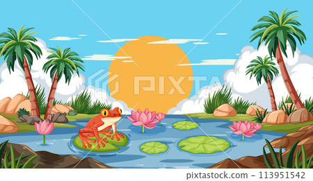 Tropical Pond with Frog at Sunset 113951542