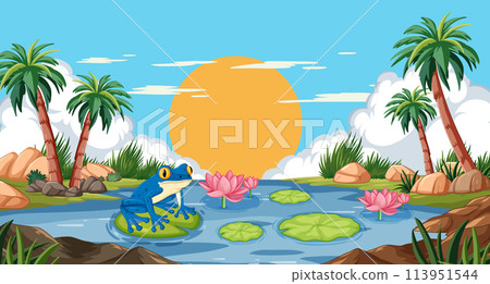 Tropical Frog on Lily Pads at Sunset 113951544