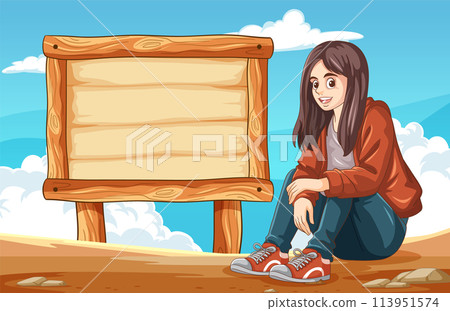Young Woman Sitting by Wooden Sign 113951574