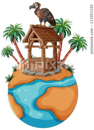 Vulture on Watchtower in Tropical Island 113951585