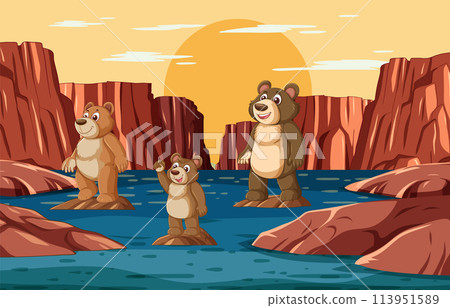 Happy Bear Family Enjoying Sunset 113951589