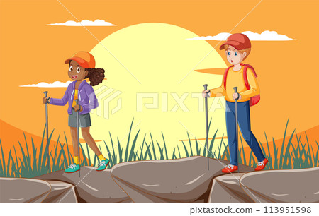 Young Hikers Enjoying a Sunset Adventure Young Hikers Enjoying a Sunset Adventure 113951598