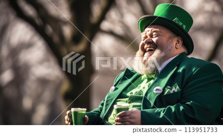 Happy St Patricks Day An Irishman in a green suit and hat is laughing. Happy St Patricks Day An Irishman in a green suit and hat is laughing. 113951733