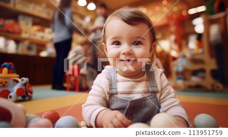 baby toddler playing colorful toys at home or nursery. Newborn baby smiling at camera at play center. 113951759