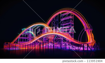 Amusement park with roller coaster at night with bright colorful neon lights 113951904