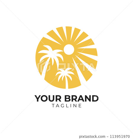 palm tree beach and sun logo illustration template palm tree beach and sun logo illustration template 113951970