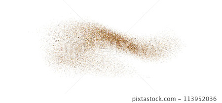 Sand dust powder splash. Flowing speckles and particles wavy texture. Ground grain scatter element. Gritty explosion wind shape for overlay, poster, banner, brochure, leaflet. Vector sandy background 113952036