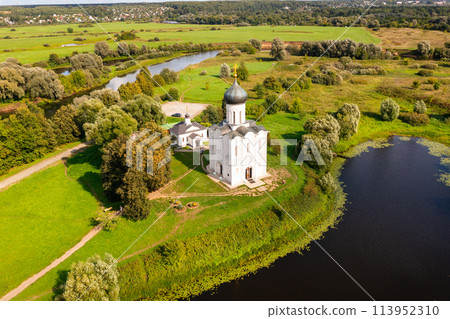Drone view of the ancient Church of the Intercession on the Nerl in the Vladimir region 113952310