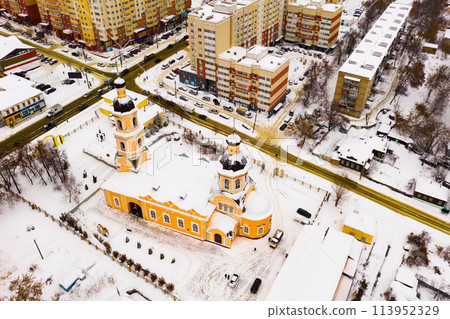 Aerial view of the Intercession Bishop Cathedral and residental quarters in Penza. Aerial view of the Intercession Bishop Cathedral and residental quarters in Penza. 113952329