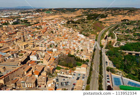 Drone view of Tudela on Ebro river with arched bridge and cathedral 113952334