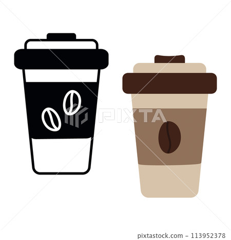 Outline drawing and colorful disposable take away cups with lid and coffee bean on label Set of 2 113952378