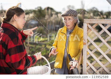 Two angry casual women neighbors of different ages arguing during the vegetable garden season on sunny day of spring Two angry casual women neighbors of different ages arguing during the vegetable garden season on sunny day of spring 113952589