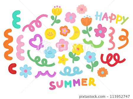 Illustration of cute summer doodles in crayon with flowers, heart, confetti for spring, summer, picnic, nature, garden, floral print, cute icon, stickers, decoration, fabric, colourful clip arts Illustration of cute summer doodles in crayon with flowers, heart, confetti for spring, summer, picnic, nature, garden, floral print, cute icon, stickers, decoration, fabric, colourful clip arts 113952747
