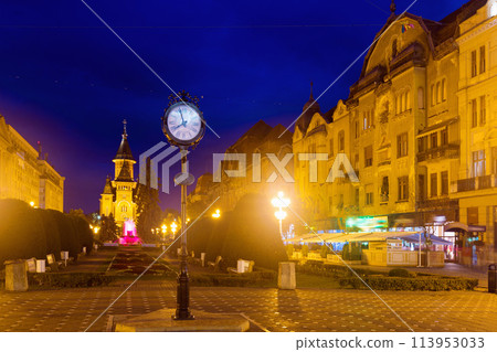 Lighted Victoriei Square and Orthodox Cathedral, Timisoara 113953033