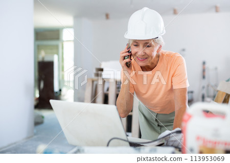 Owner of the cottage checks the completion of repair work using laptop 113953069