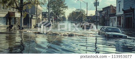 flood inundating a city street with murky water rising and residents evacuating their homes. flood inundating a city street with murky water rising and residents evacuating their homes. 113953077