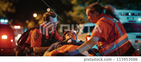 medical emergency at a public event with paramedics providing life-saving treatment to an injured individual on a stretcher. medical emergency at a public event with paramedics providing life-saving treatment to an injured individual on a stretcher. 113953086