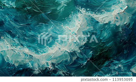 Textured oil paint background with vibrant hues of blue and green. 113953095
