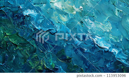 Textured oil paint background with vibrant hues of blue and green. 113953096