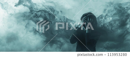 person holding their head in despair, surrounded by swirling clouds of anxiety and stress. 113953280