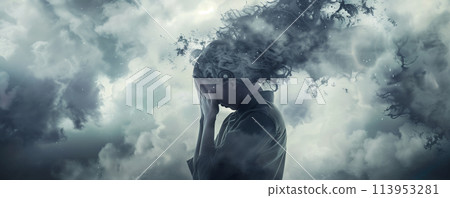 person holding their head in despair, surrounded by swirling clouds of anxiety and stress. 113953281