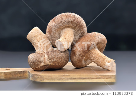 Shiitake mushrooms on cutting board over dark background Shiitake mushrooms on cutting board over dark background 113953378