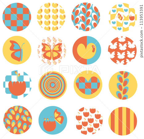 Illustration of cute summer icons such as heart, butterfly and flowers for picnic, spring, pastel stickers, logo, decoration, cute patches, brooch, shirt print, kids Illustration of cute summer icons such as heart, butterfly and flowers for picnic, spring, pastel stickers, logo, decoration, cute patches, brooch, shirt print, kids 113953391