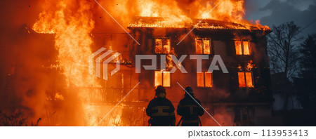 fire engulfing a residential building. 113953413