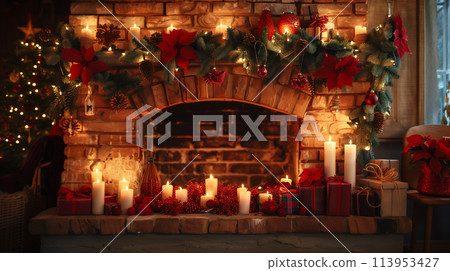 A cozy fireplace mantle with festive decorations A cozy fireplace mantle with festive decorations 113953427