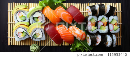 Sushi rolls arranged on a bamboo sushi mat. 113953440
