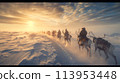 Sami reindeer herders guiding their majestic reindeer across the snow-covered landscape of the Arctic tundra 113953448