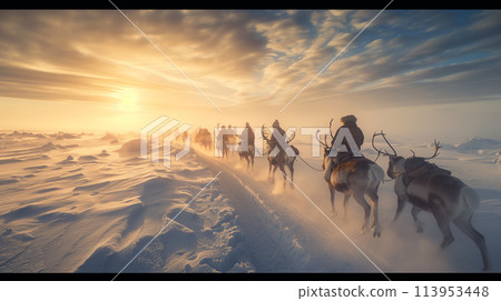 Sami reindeer herders guiding their majestic reindeer across the snow-covered landscape of the Arctic tundra 113953448