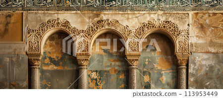 Islamic calligraphy, with intricate Arabic script adorning the walls of a mosque. 113953449