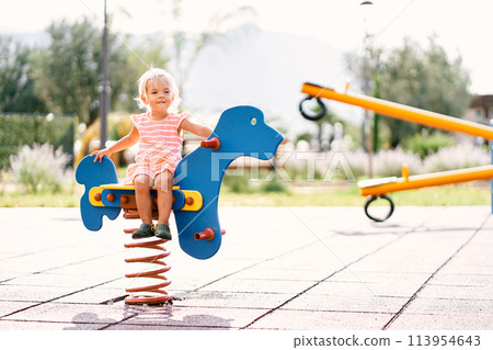 Little girl sits on a spring swing-balancer in the playground. High quality photo Little girl sits on a spring swing-balancer in the playground. High quality photo 113954643