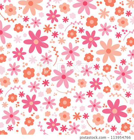 Illustration of pink and orange flowers on white background for floral, autumn pattern, fabric print, wallpaper, backdrop, textile, garment, women fashion, clothes, dress, wallpaper, backdrop, picnic 113954766