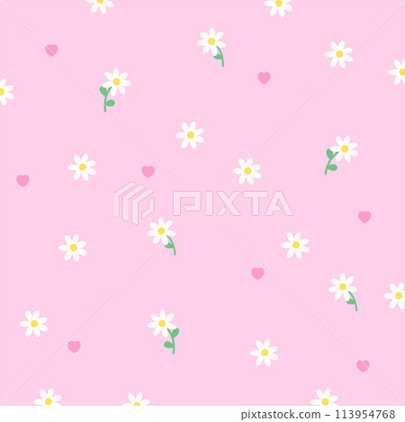 Illustration of white flowers and hearts on a pastel pink background for spring, summer pattern, fabric print, wallpaper, backdrop, Valentine card, women fashion, clothes, dress, wallpaper, picnic 113954768