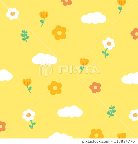 Illustration of flowers and cloud on a yellow background for spring, summer pattern, fabric print, wallpaper, backdrop, textile, garment, women fashion, clothes, dress, wallpaper, backdrop, picnic 113954770