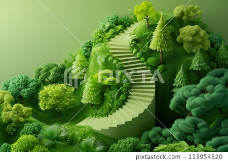 A lush green jungle with a winding path leading up to a tree with Generative AI 113954820